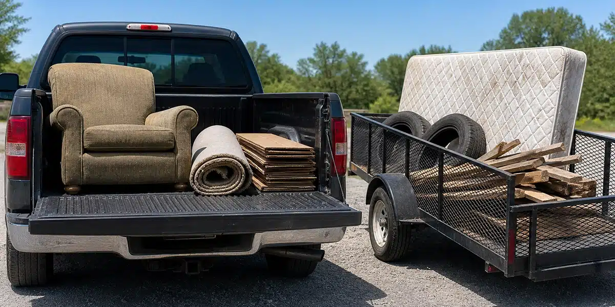 Truck and trailer loaded up with household junk